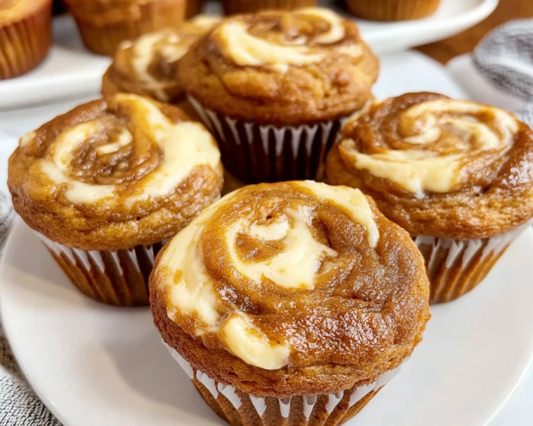 Pumpkin cream cheese muffins with creamy swirls on top