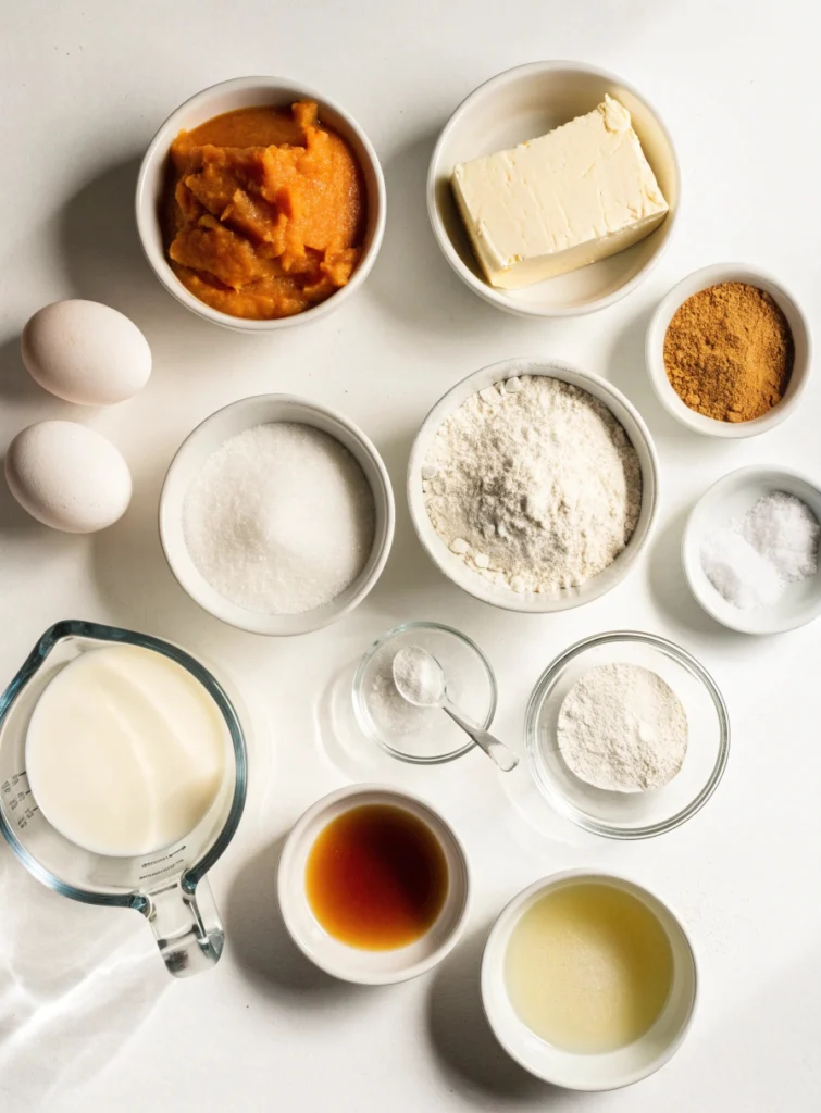 Ingredients for pumpkin cream cheese muffins arranged on a white table