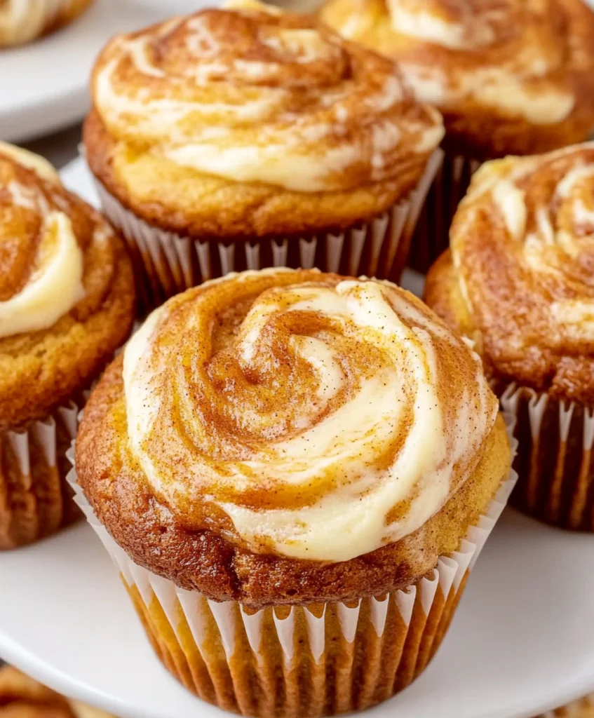 Pumpkin cream cheese muffin with a creamy swirl on top