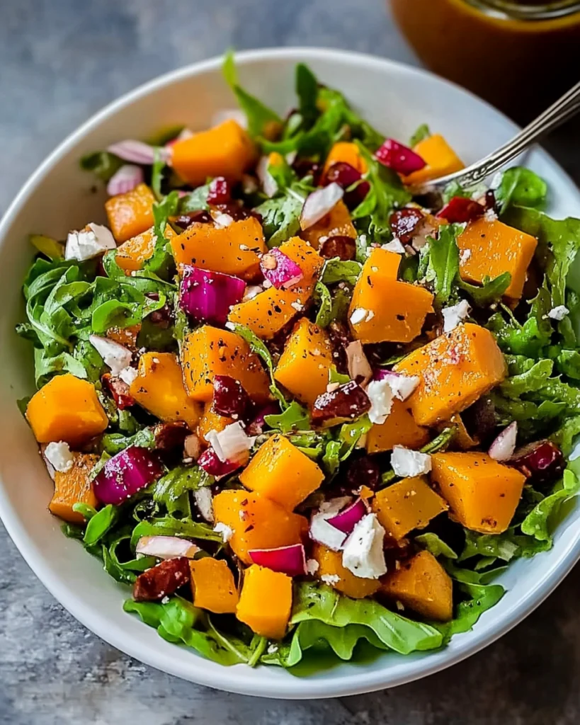 Roasted butternut squash salad with greens, feta, and cider dressing