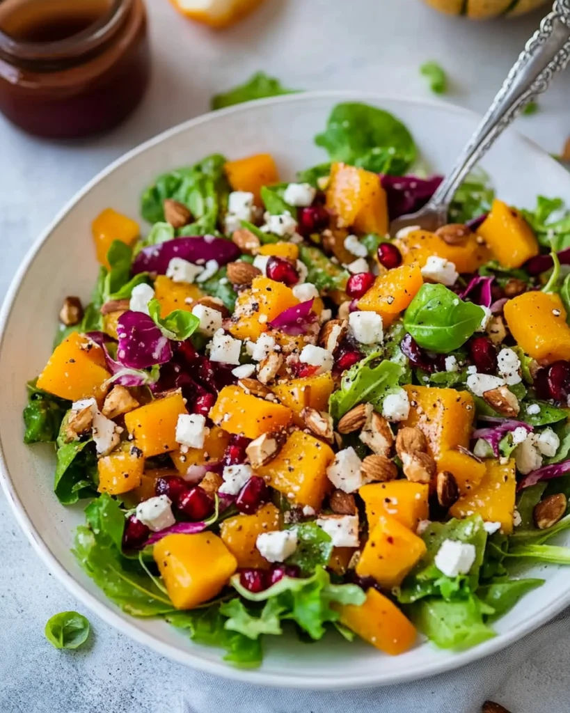 Roasted butternut squash salad with feta, pecans, and pomegranate