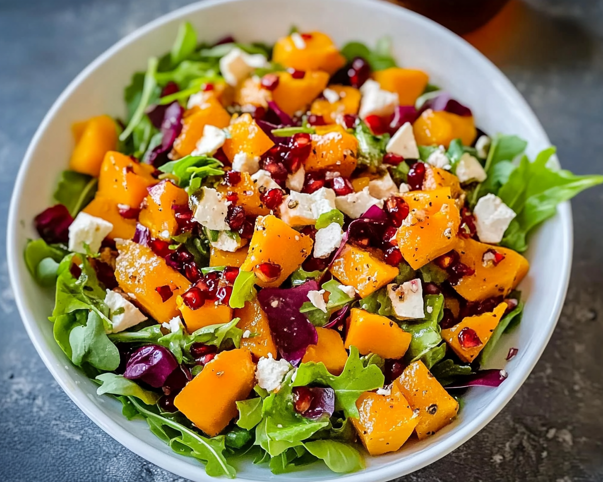 Roasted butternut squash salad with greens, feta, and pomegranate