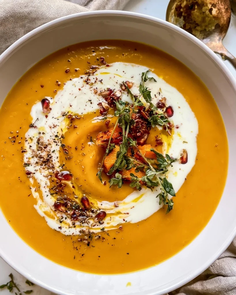 Creamy roasted butternut squash soup in a white bowl, garnished with a swirl of cream, fresh herbs, and roasted squash.