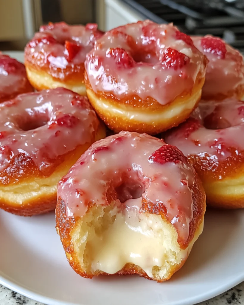 Strawberry Cheesecake Stuffed Donuts 3 Strawberry cheesecake donuts with pink strawberry glaze and creamy cheesecake filling