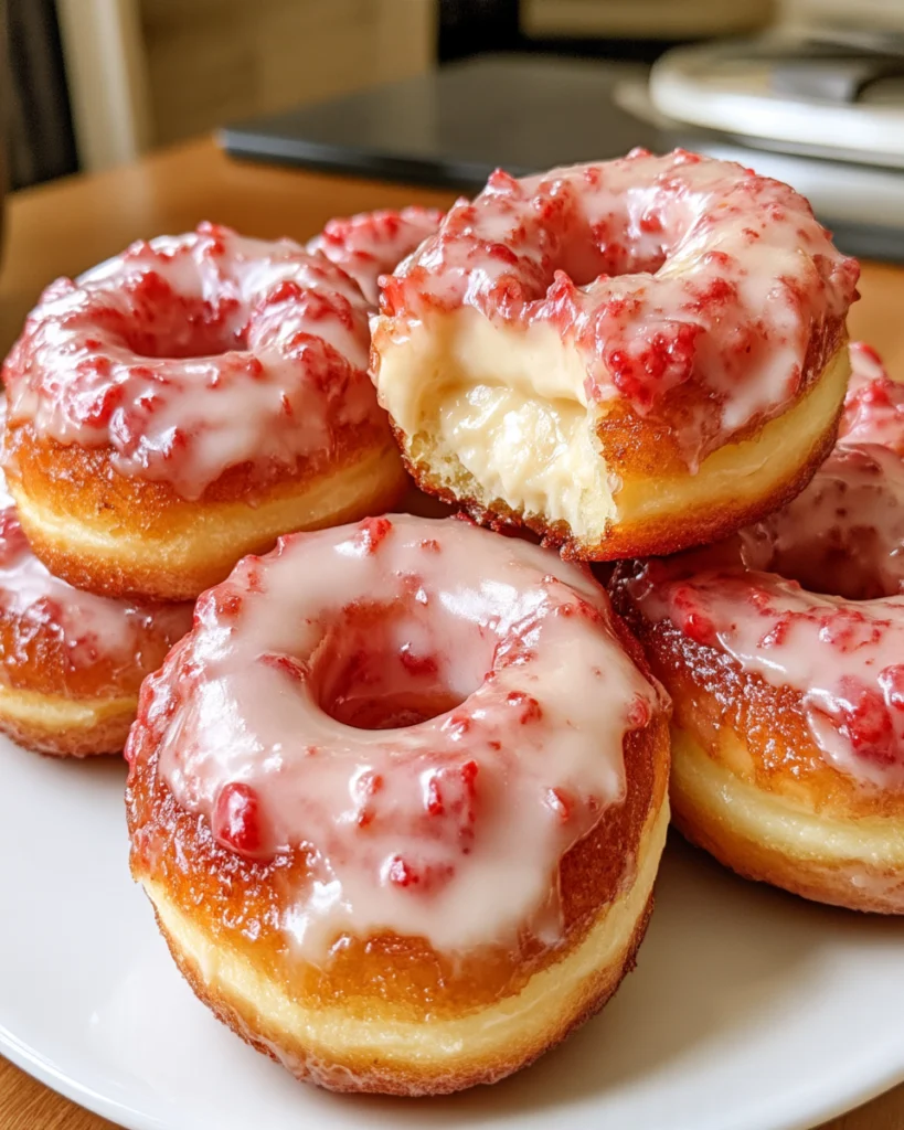 Strawberry Cheesecake Stuffed Donuts 4 Strawberry cheesecake stuffed donuts with strawberry glaze and creamy cheesecake filling