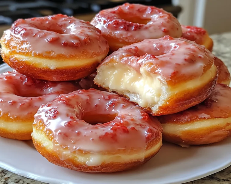 Strawberry cheesecake stuffed donuts topped with pink strawberry glaze