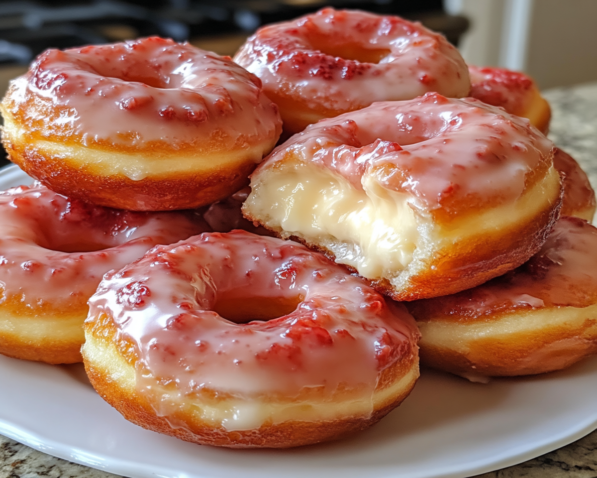 Strawberry Cheesecake Stuffed Donuts 5 Strawberry cheesecake stuffed donuts topped with pink strawberry glaze