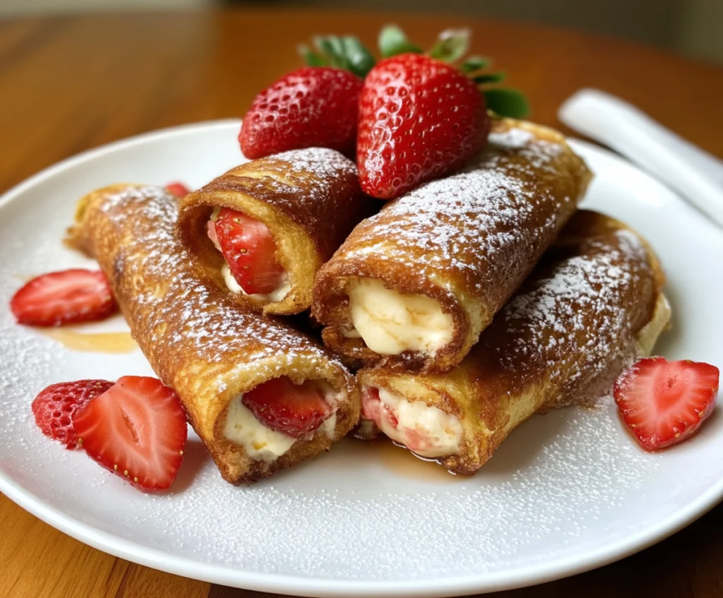 Golden Strawberry Cream Cheese French Toast Roll Ups filled with fresh strawberries and cream cheese