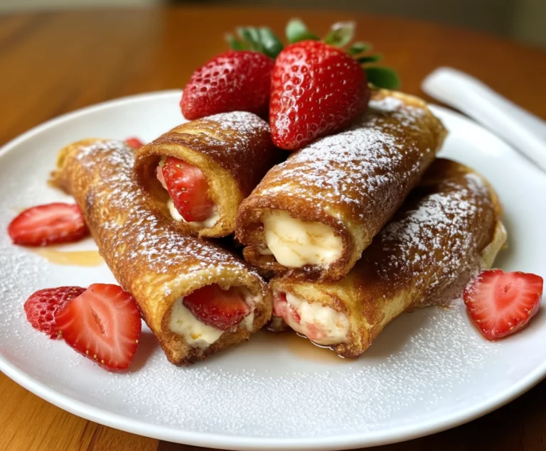 Golden Strawberry Cream Cheese French Toast Roll Ups filled with fresh strawberries and cream cheese