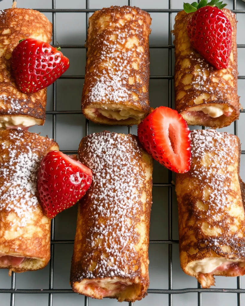 Golden Strawberry Cream Cheese French Toast Roll Ups topped with powdered sugar and fresh strawberries