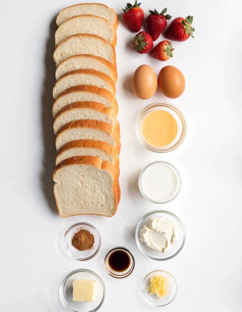 Ingredients for Strawberry Cream Cheese French Toast Roll Ups arranged on a white background