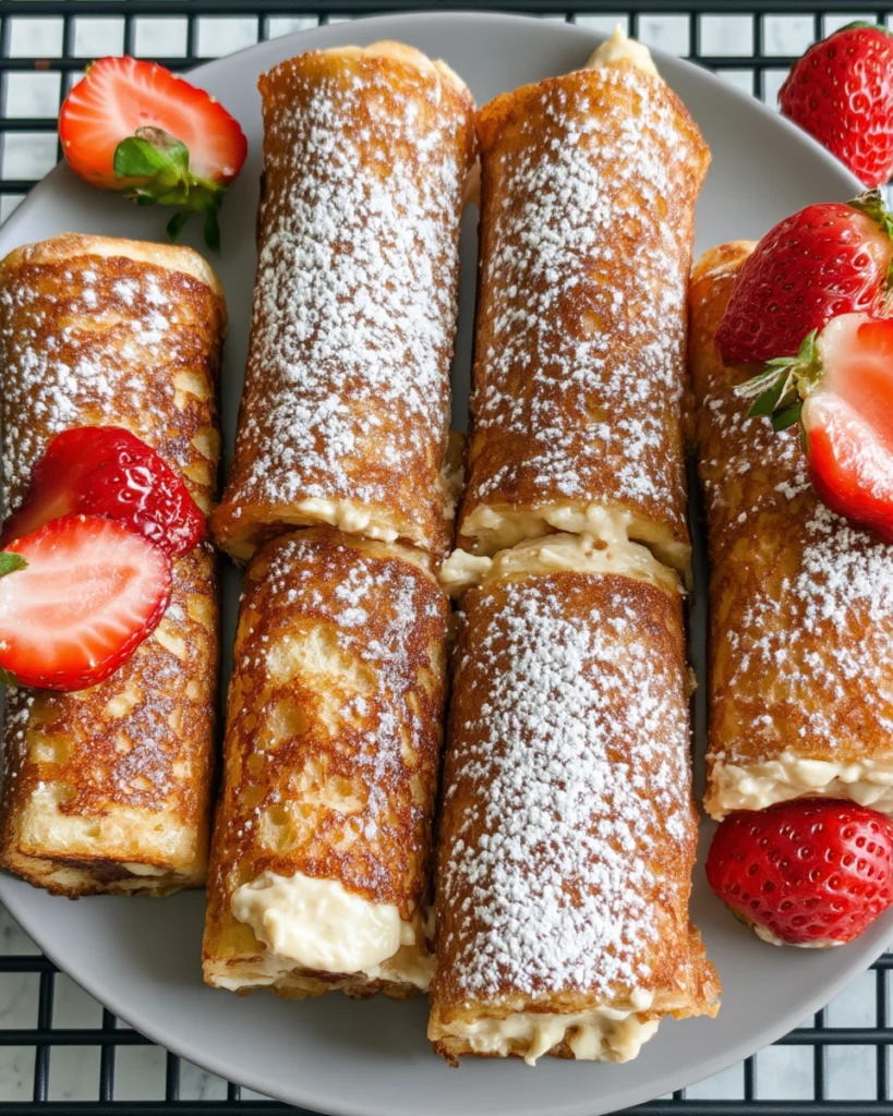 Golden Strawberry Cream Cheese French Toast Roll Ups with powdered sugar and fresh strawberries